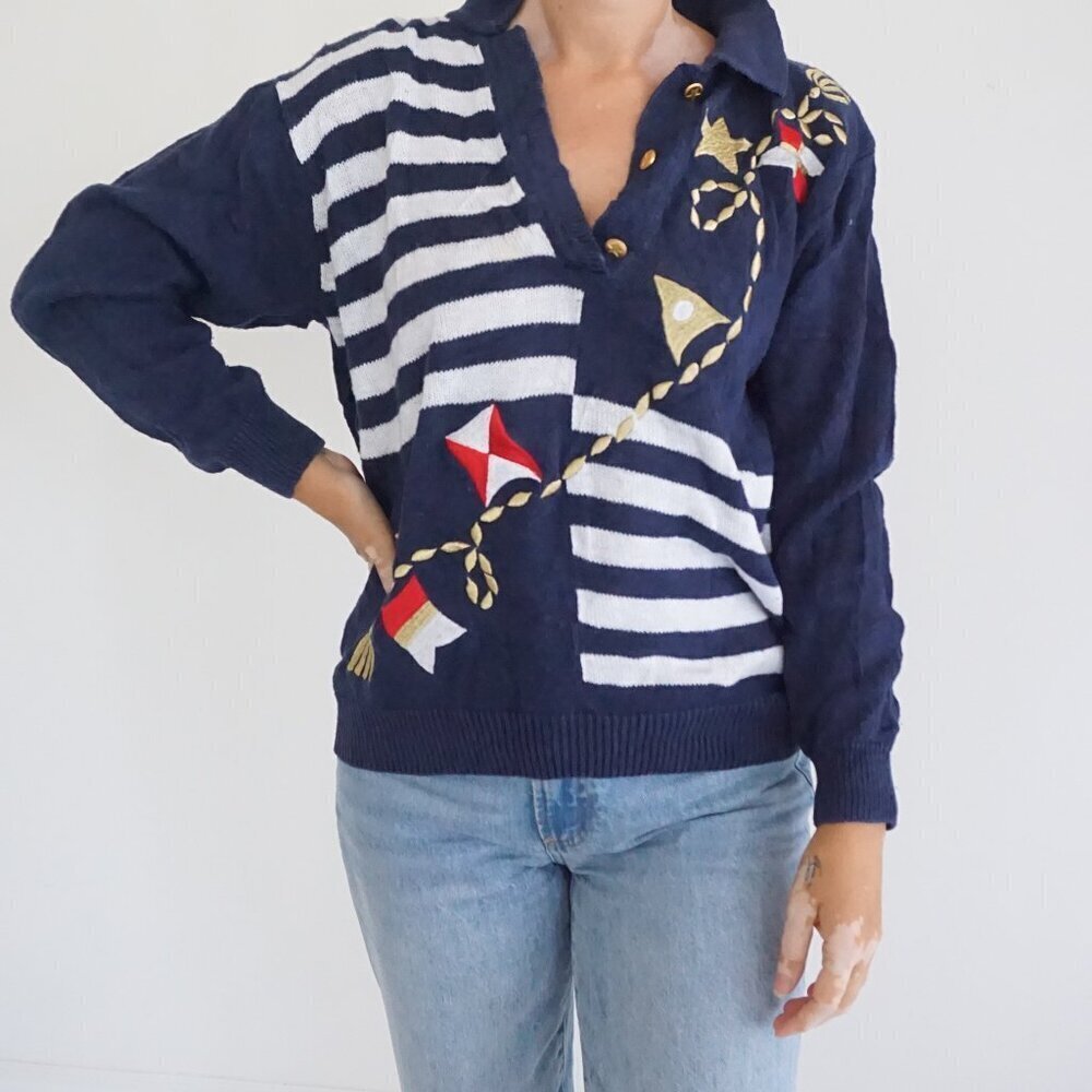 Vintage Alfred Dunner Navy Nautical Flag Stripe Sweater Rope Star Embroidery M